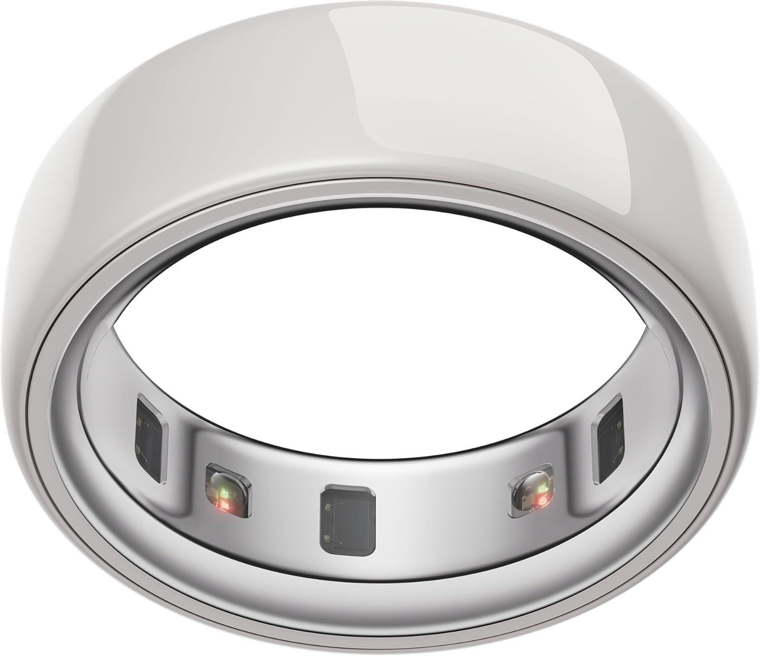 White futuristic smart ring with a metallic inner band and small built-in sensors/LEDs