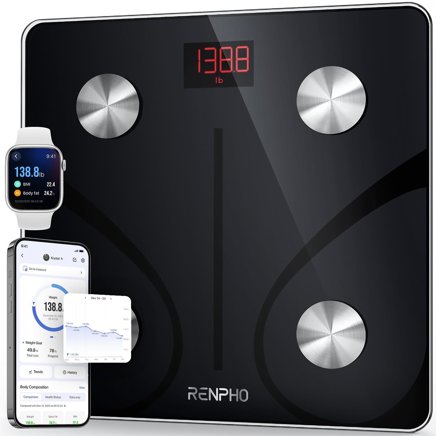 Black digital bathroom scale with silver discs and red display, shown with phone and smartwatch app screens