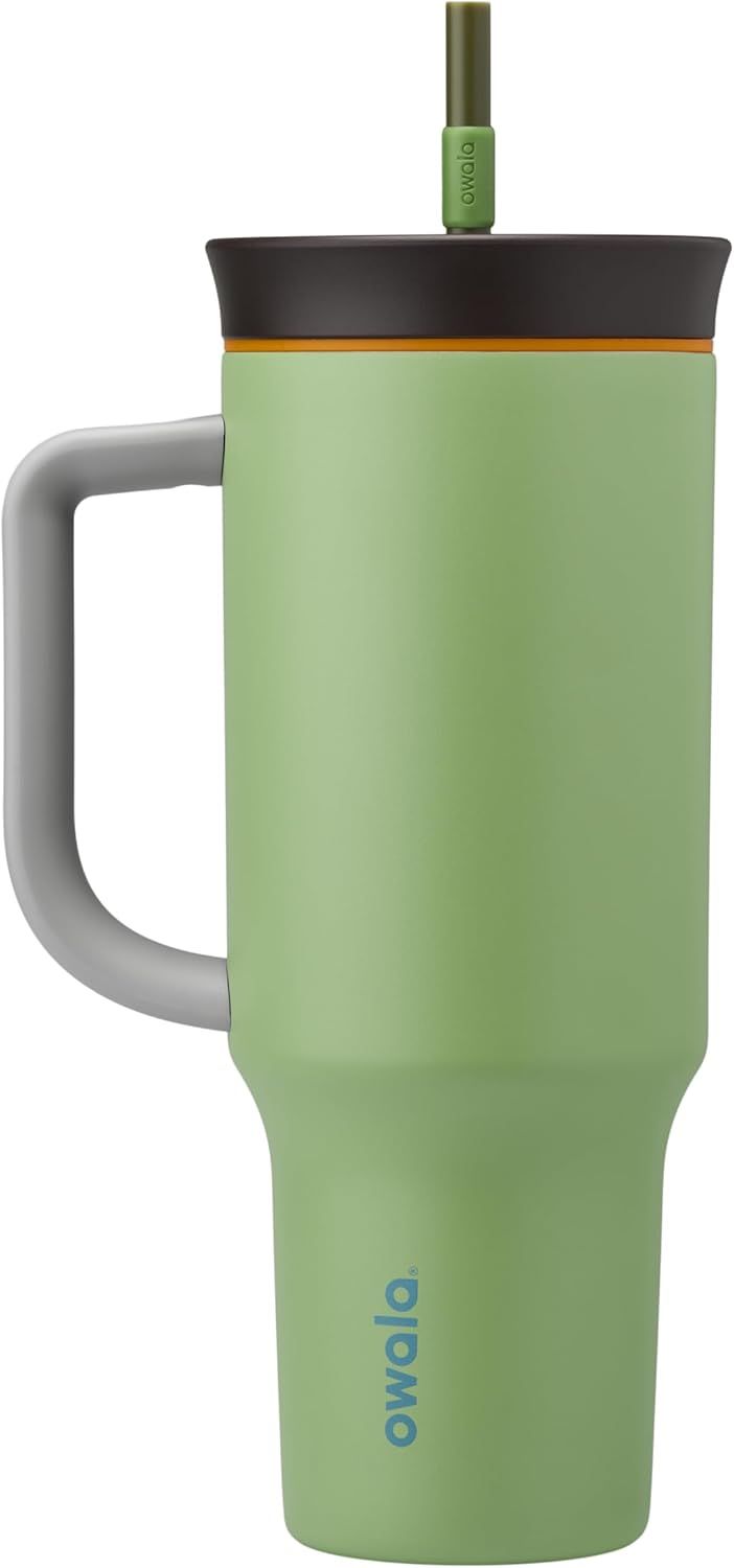 Green insulated tumbler with handle and straw lid, black rim, and blue logo on a white background