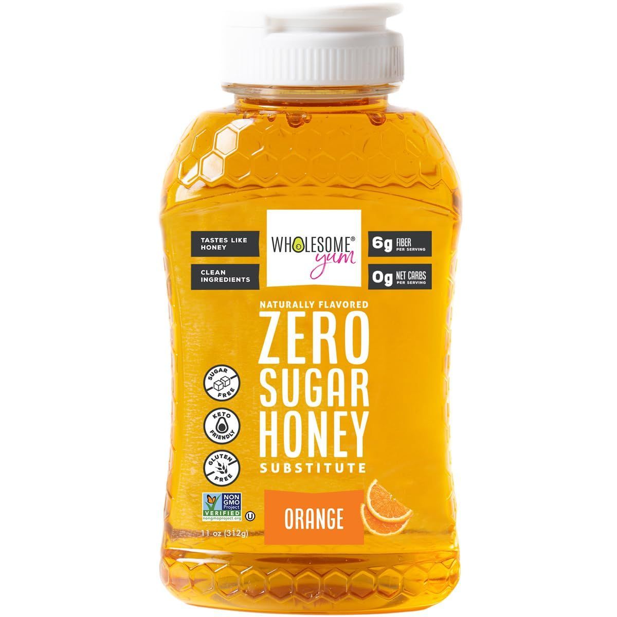 Bottle of orange Zero Sugar Honey Substitute with white cap and label on orange liquid