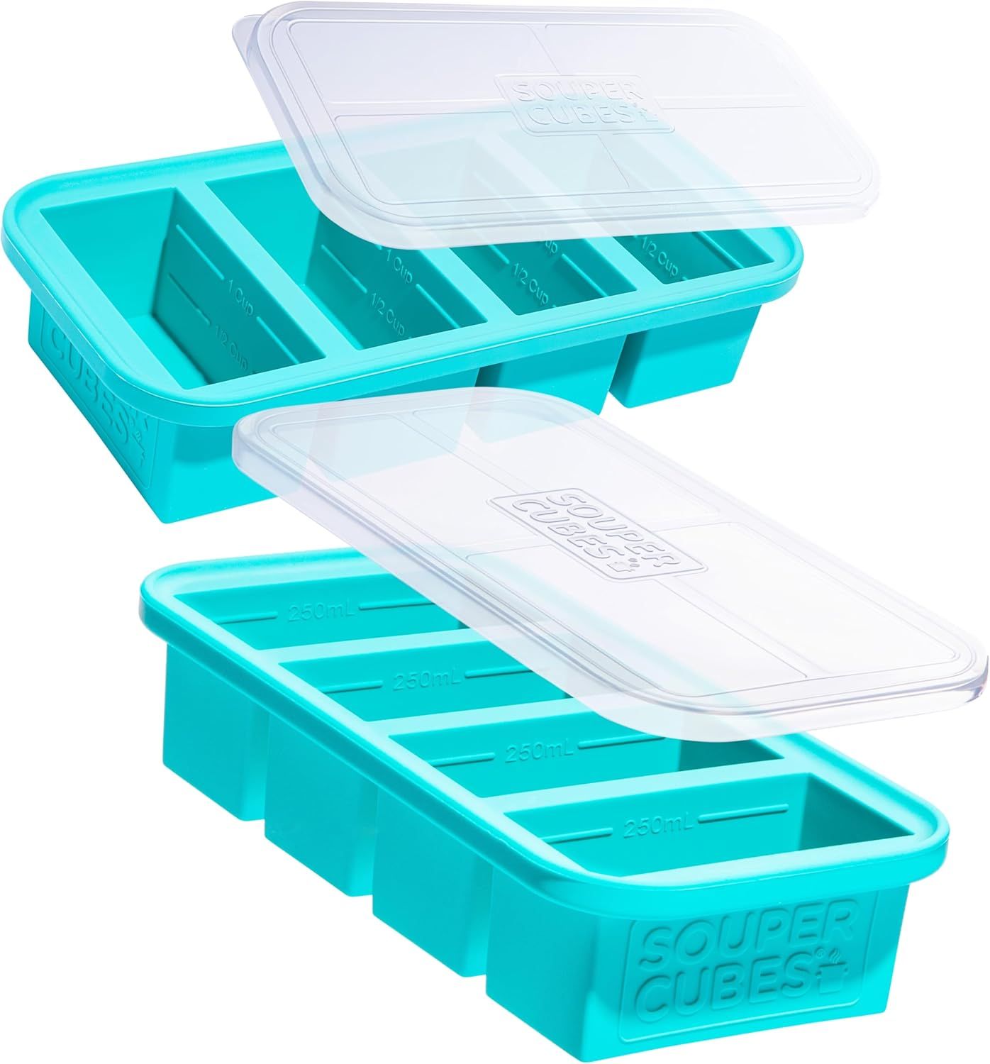 Teal plastic ice cube trays with clear lids, one open and one closed on a white background