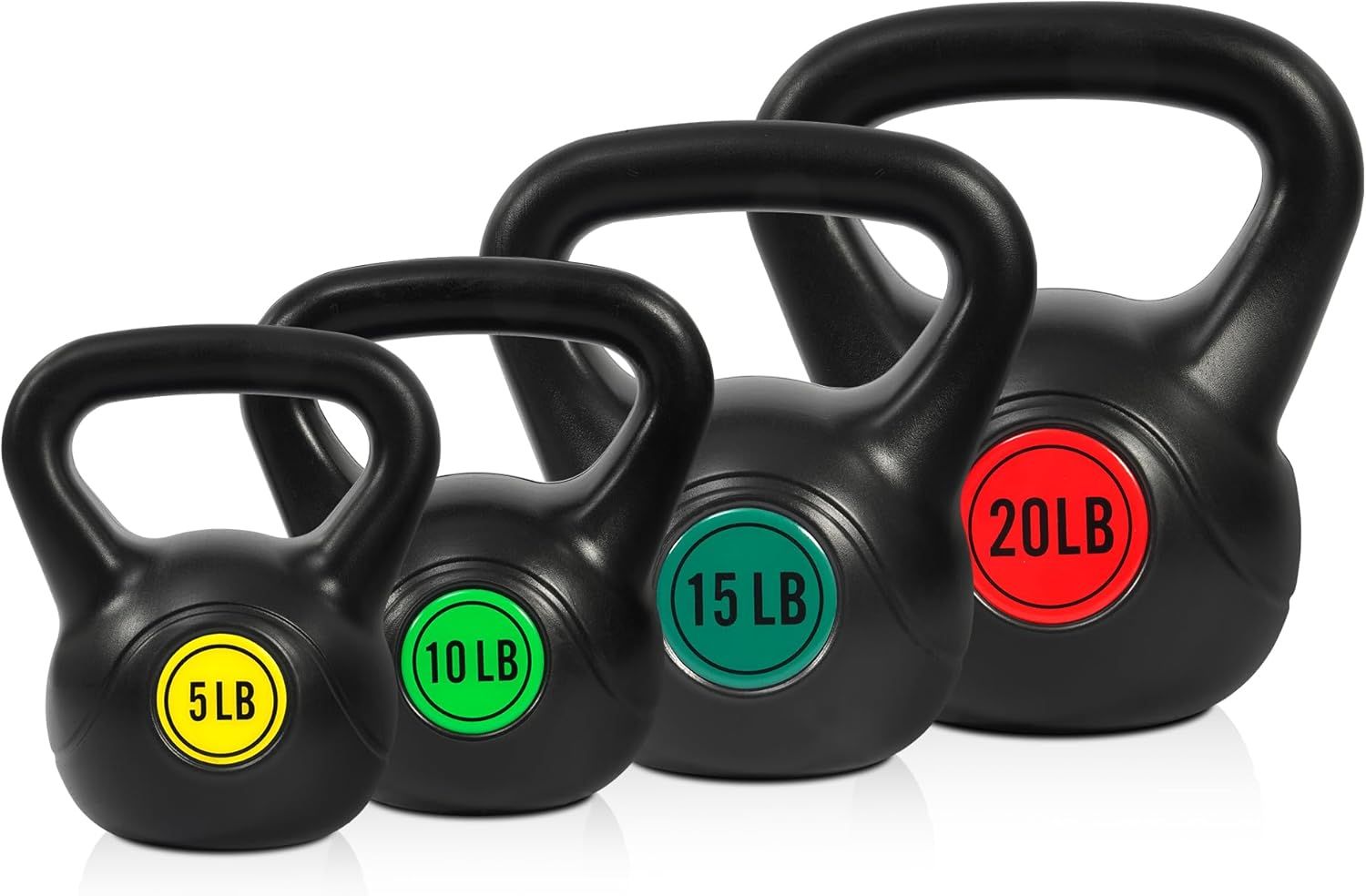 Set of black kettlebells with colored weight labels: 5 lb, 10 lb, 15 lb, and 20 lb