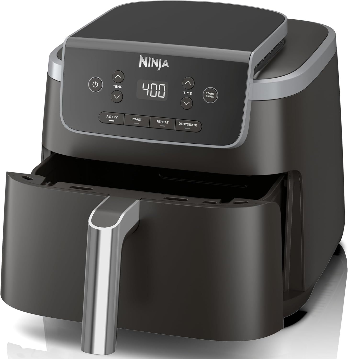 Black Ninja air fryer with digital controls and a front drawer basket.