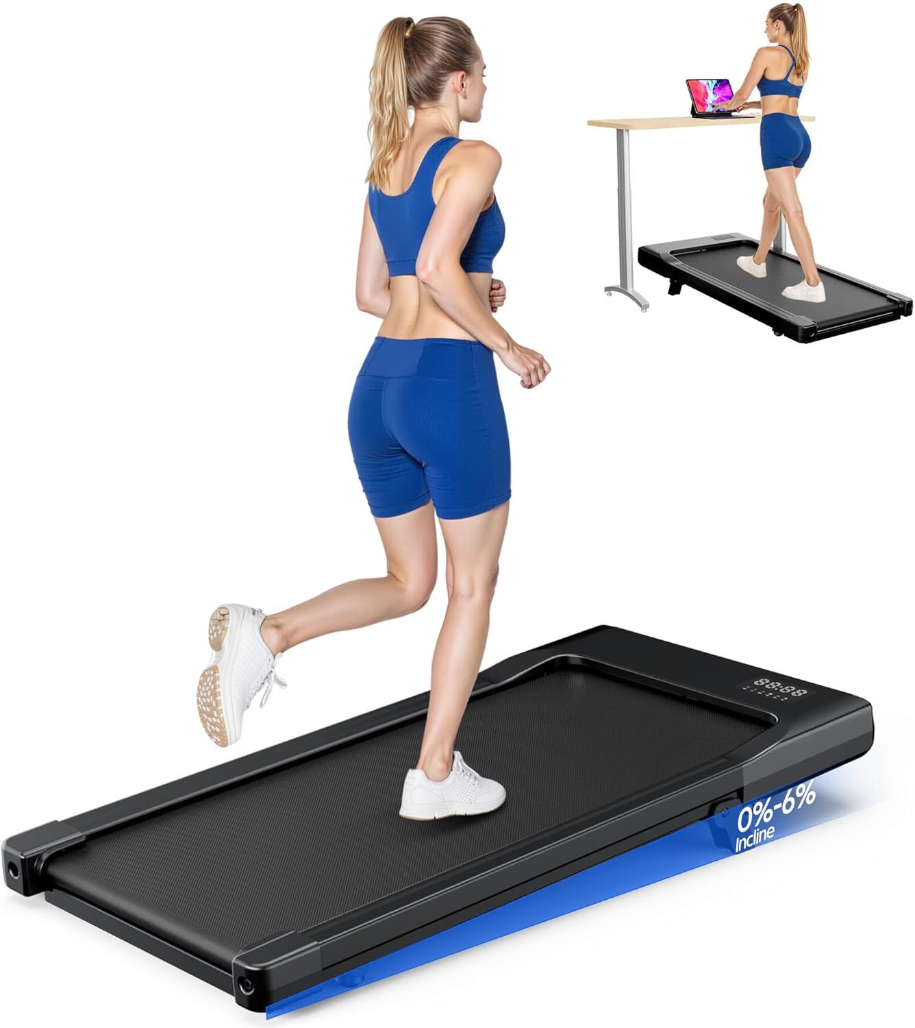 Woman exercising on a compact treadmill, shown in a side view and small inset with a front view.