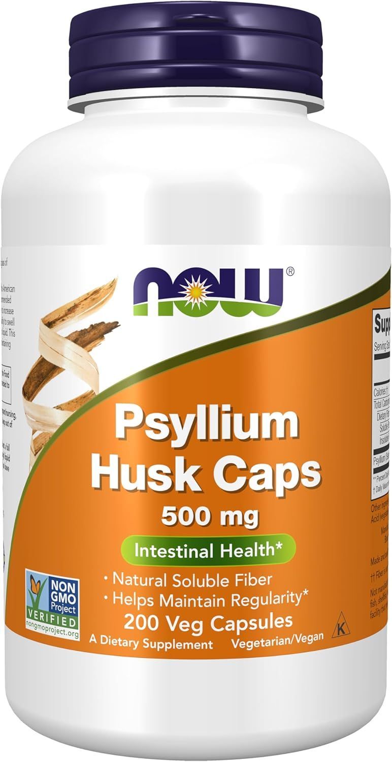NOW Psyllium Husk Caps supplement bottle, white with orange label and purple cap.