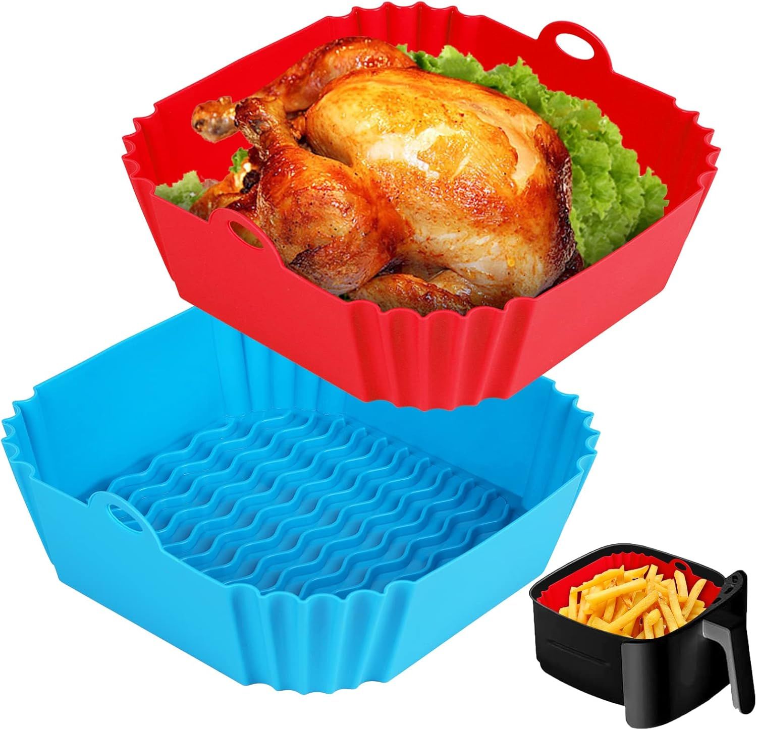 Roast chicken in a red silicone basket with a blue basket below and a small black basket of fries