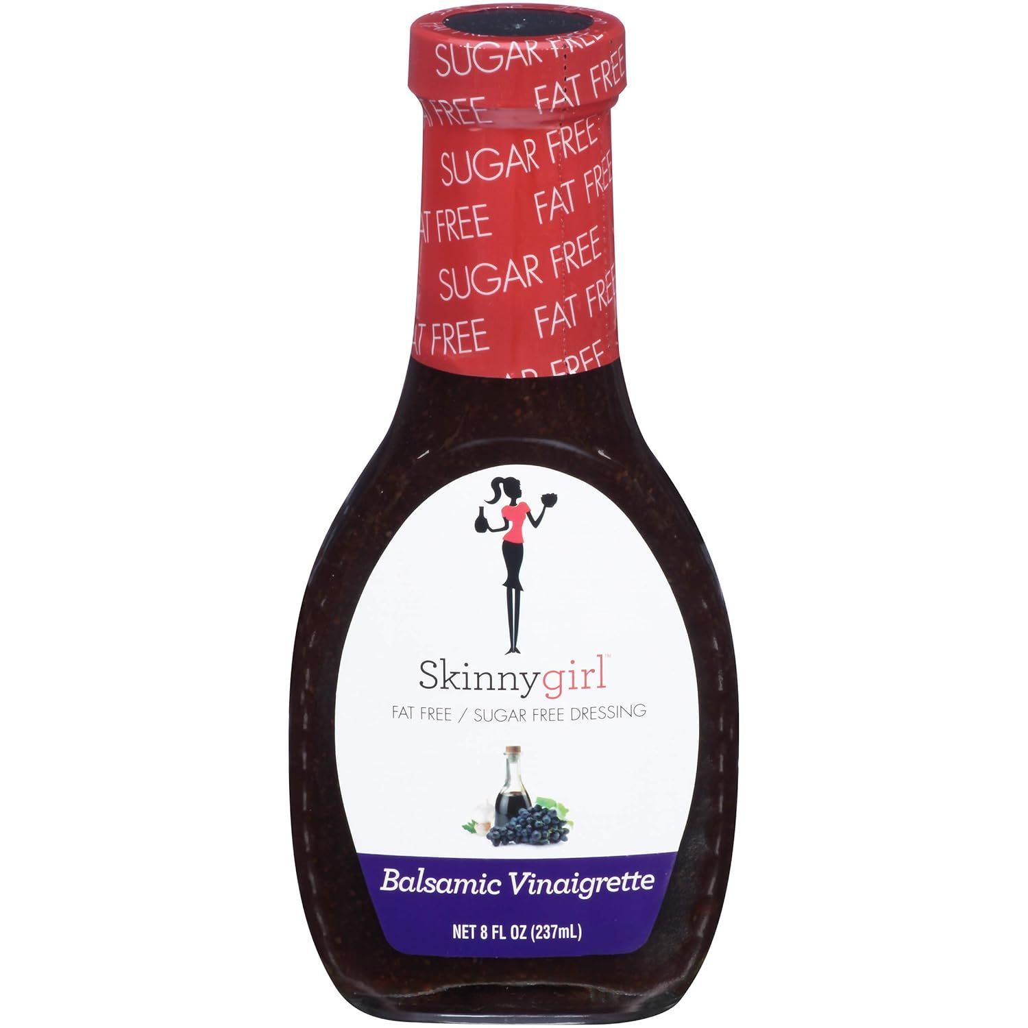 Skinnygirl Balsamic Vinaigrette bottle with red cap and white label on a white background