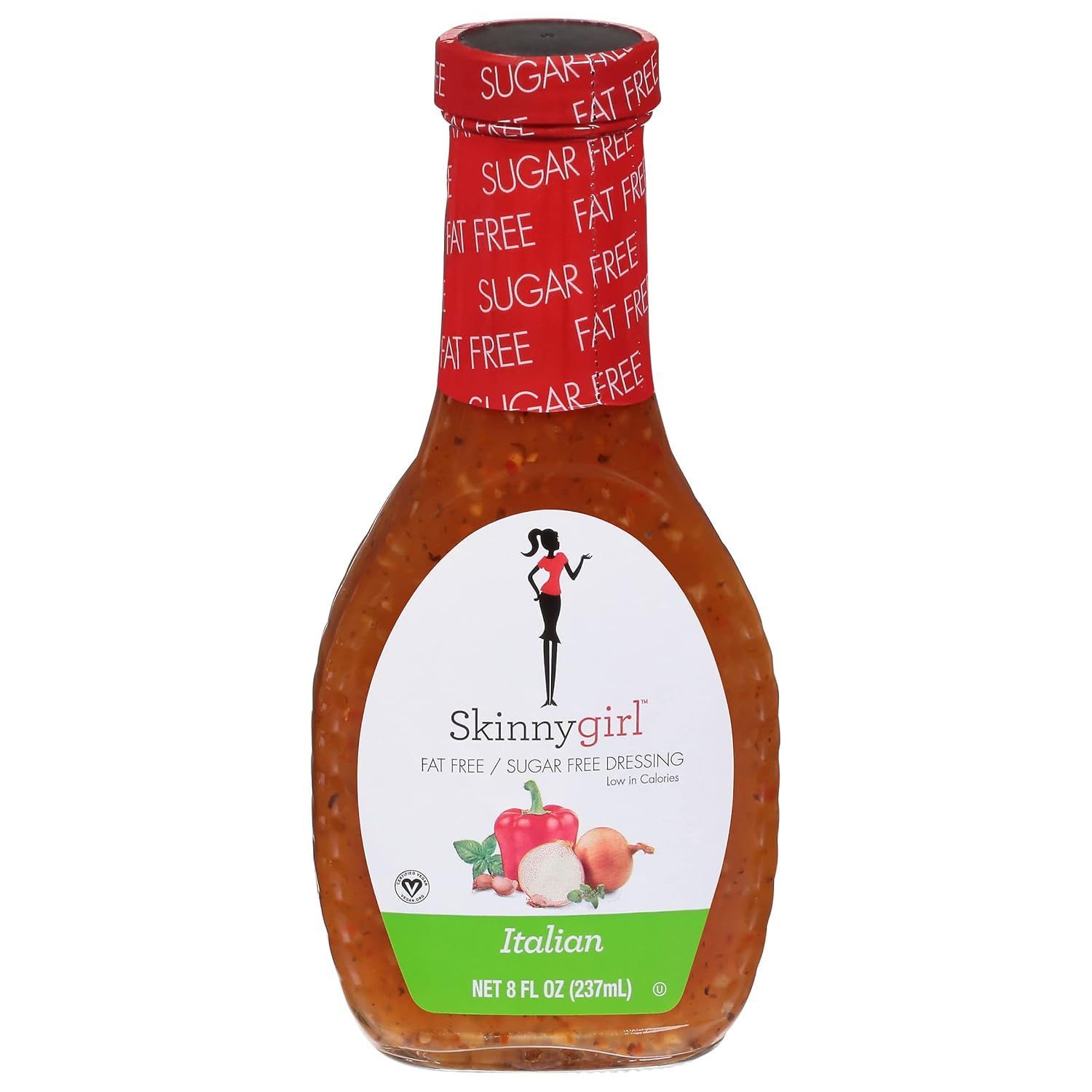 Skinnygirl Italian dressing bottle with red cap and white label on a white background