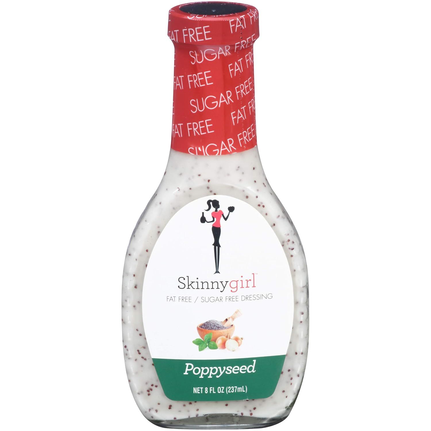 Skinnygirl poppyseed salad dressing bottle with red cap and white label