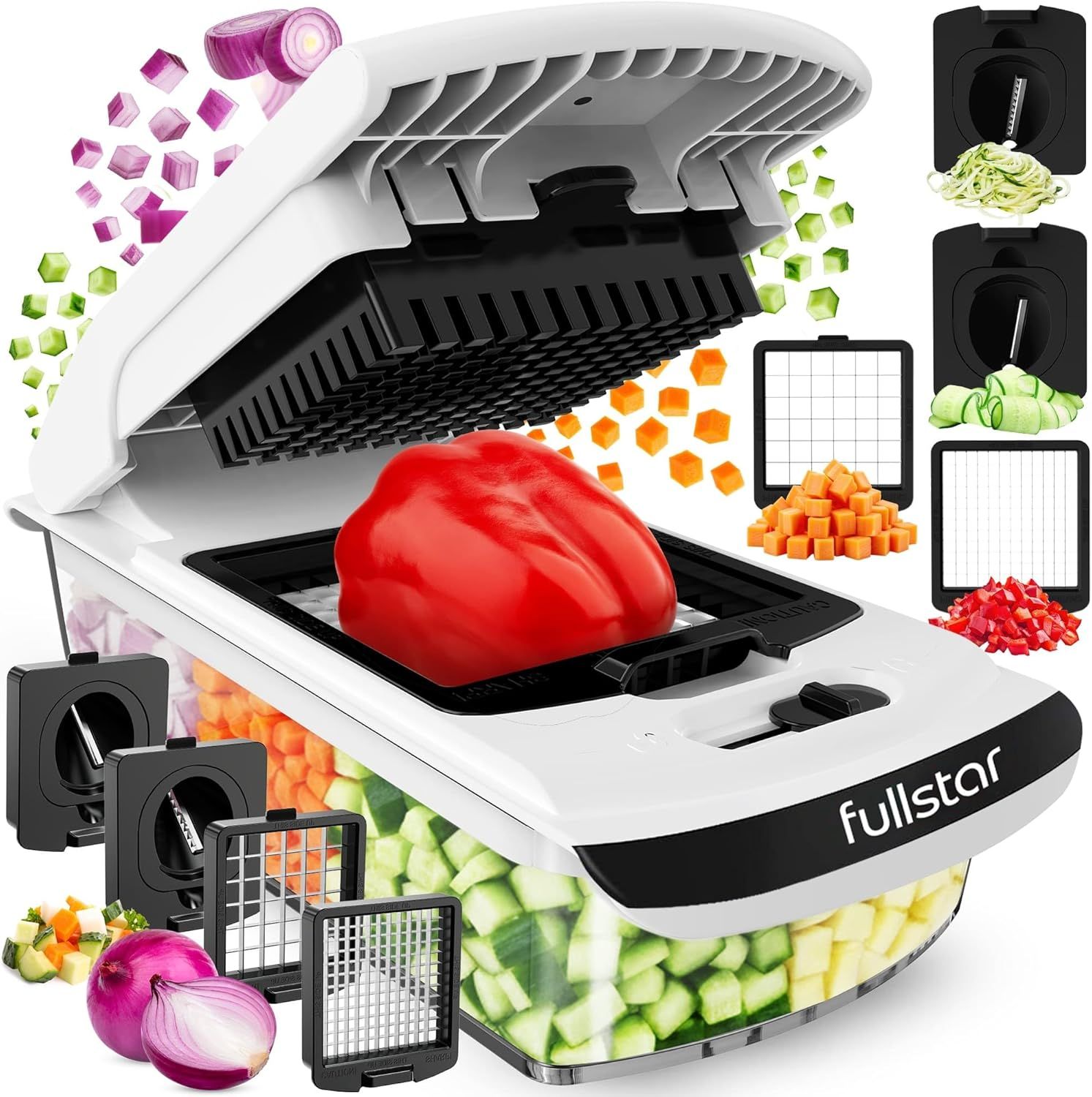 Electric vegetable chopper dicing red pepper with interchangeable blades and chopped vegetables around it