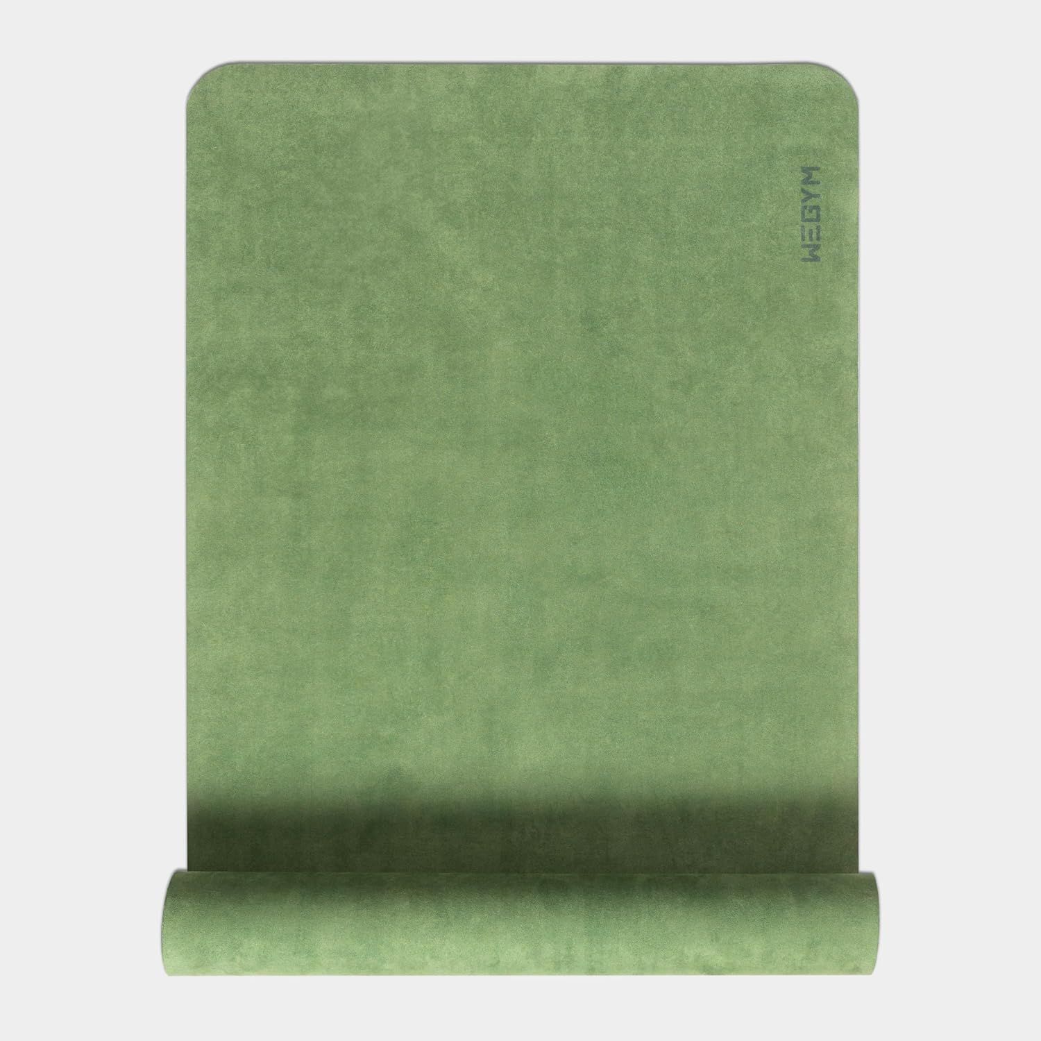 Green rolled yoga mat on a light background