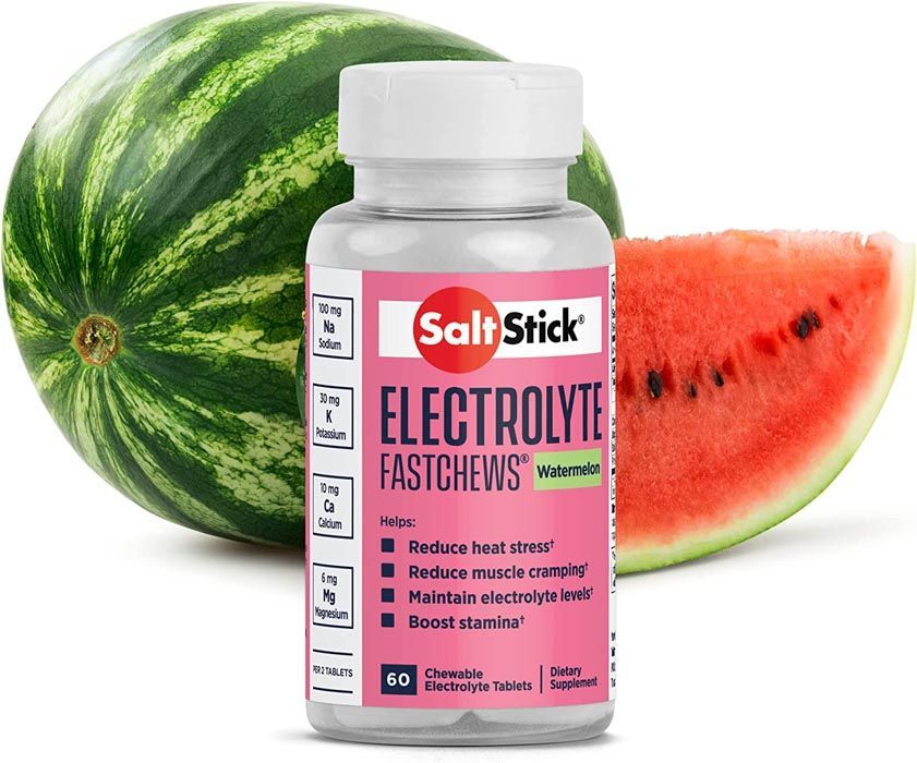 Watermelon electrolyte chews, bottle, and watermelon slices; pink and green color scheme.