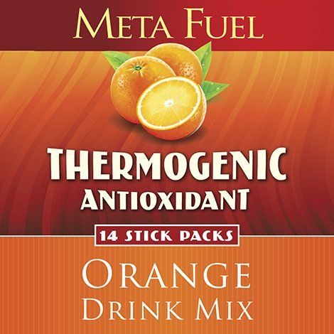 Box of Meta Fuel orange drink mix with oranges and leaves. Contains 14 stick packs.