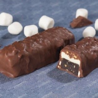 Chocolate-covered candy bar with marshmallow and brownie filling, with scattered marshmallows.