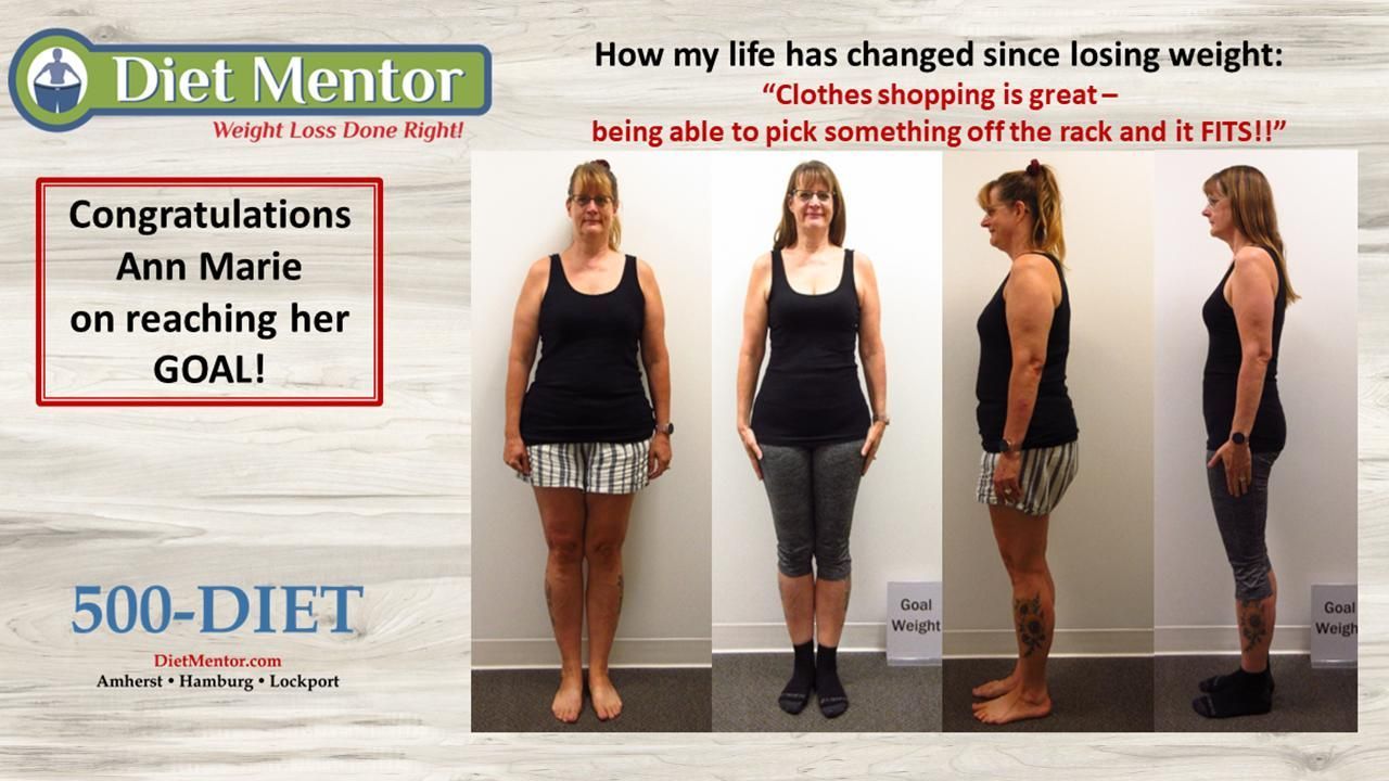 Diet Mentor progress collage with four full-body photos and text praising weight-loss goal achievement