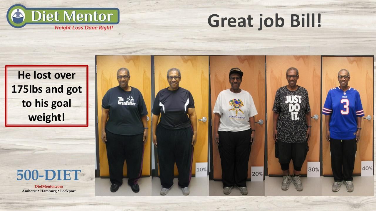 Diet Mentor ad: “Great job Bill!” with before-and-after weight loss photos and “He lost over 175 lbs” text