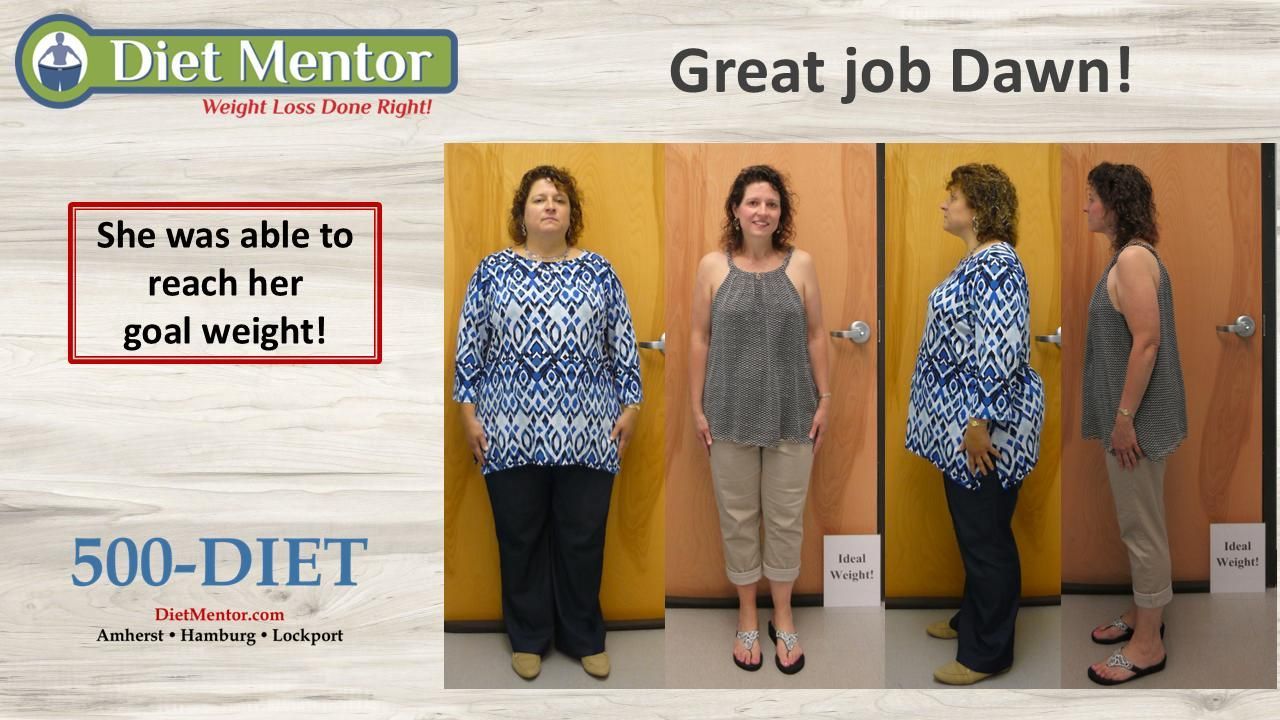 Before-and-after weight loss poster showing a woman in blue and gray outfits with a “Great job Dawn!” banner.