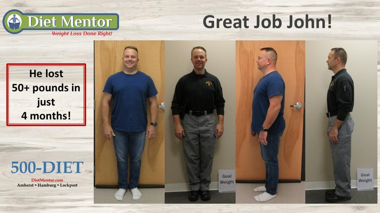 Before-and-after weight loss poster with four photos of a man, “Great Job John!” and “He lost 50+ pounds in just 4 months!”