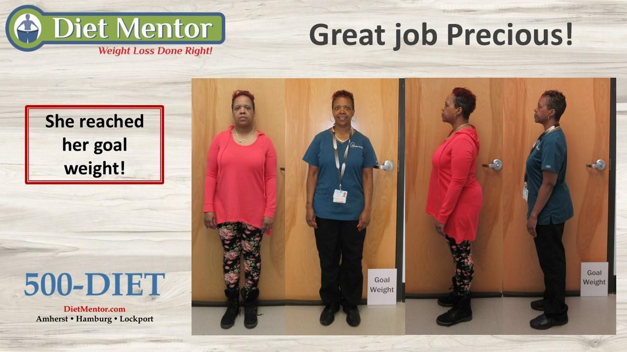 Diet Mentor poster celebrating a weight-loss milestone with before-and-after photos and the message “Great job Precious!”