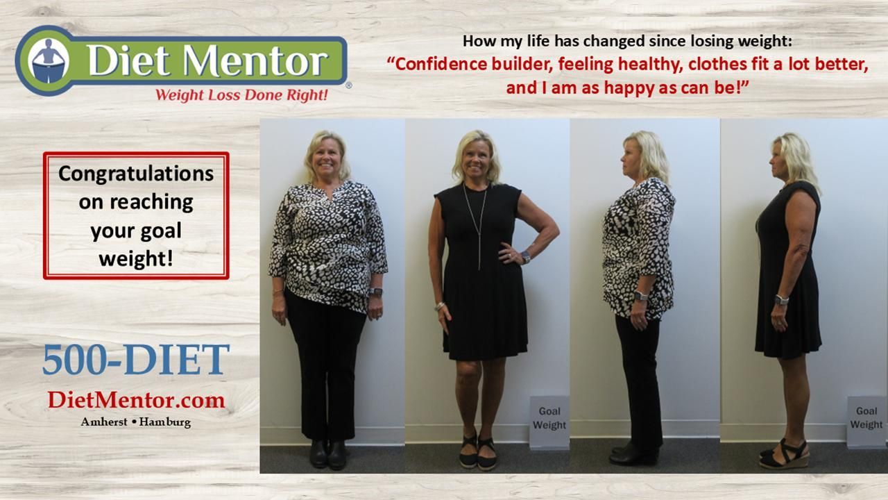Diet Mentor weight-loss progress photo collage with “Congratulations on reaching your goal weight!” text