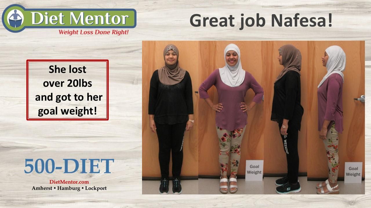 Before-and-after weight loss ad for Diet Mentor, showing a woman in purple clothes with the text “Great job Nafesa!”