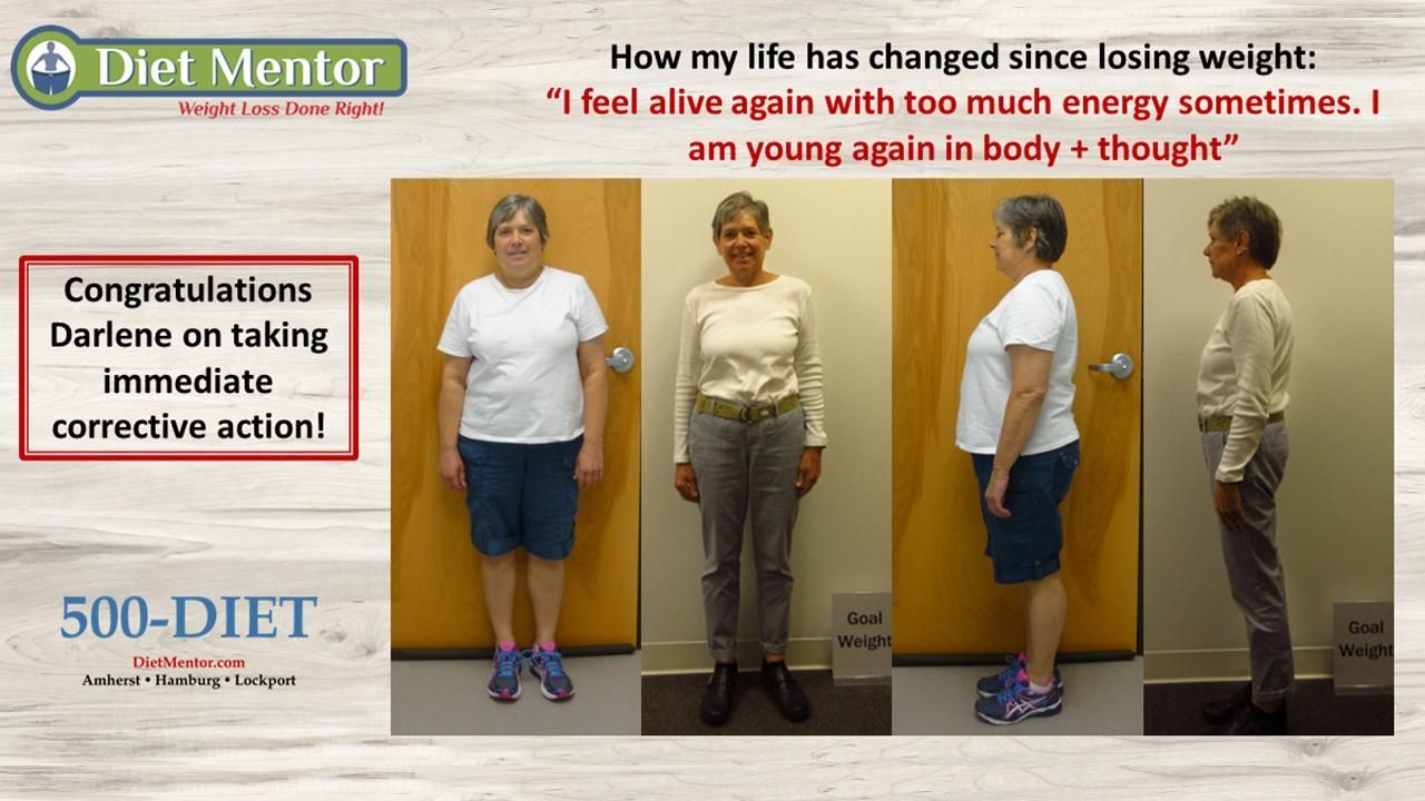 Before-and-after weight loss collage with a woman in white top and dark pants, plus text about immediate correction.