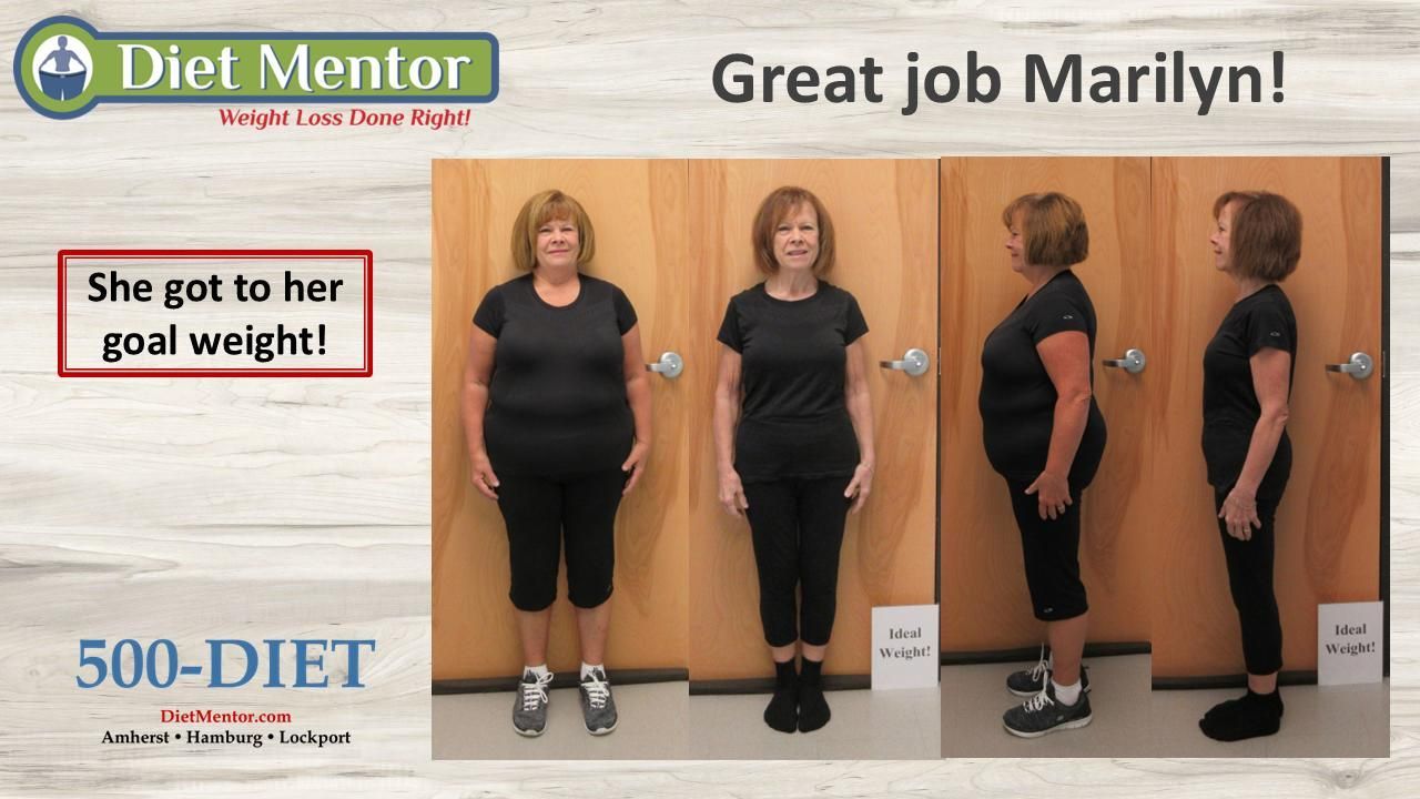 Diet Mentor promo showing “Great job Marilyn!” and before-and-after photos of a woman’s weight loss