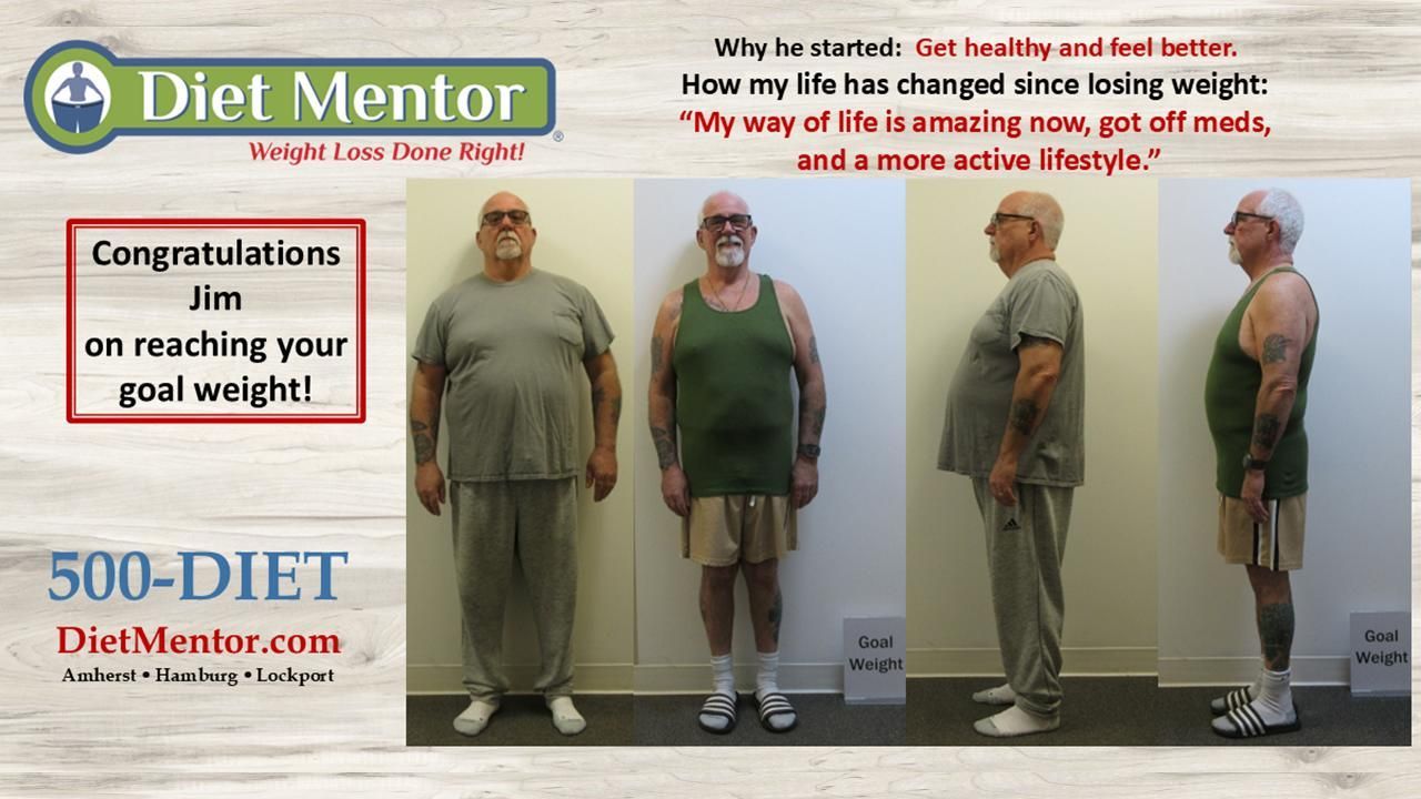 Before-and-after weight loss collage with a man in jeans and green shirt, plus Diet Mentor branding and congratulatory text