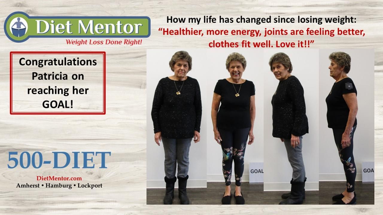 Diet Mentor weight-loss ad with before-and-after photos and text celebrating Patricia's goal reached