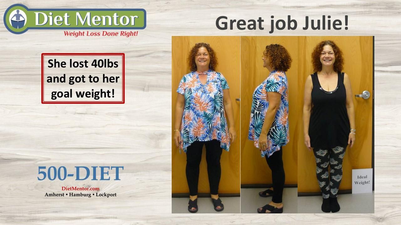 Diet Mentor ad showing weight-loss results with “Great job Julie!” and three before-and-after photos
