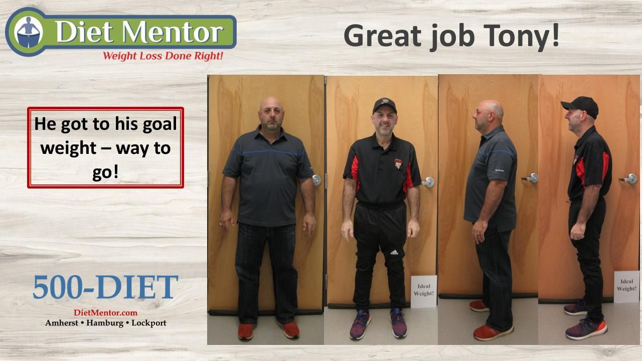 Diet Mentor “Great Job Tony!” poster showing a man’s before-and-after weight loss in a hallway