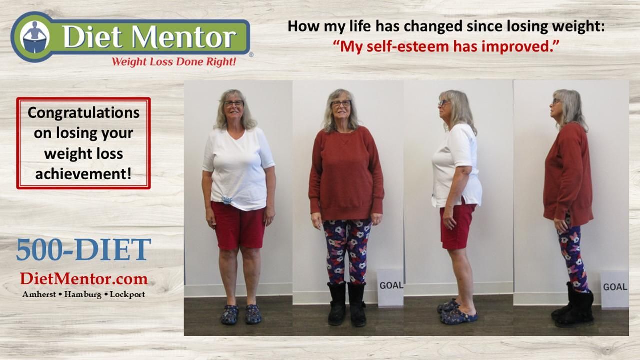 Diet Mentor weight-loss ad showing before-and-after photos and the quote “My self-esteem has improved.”