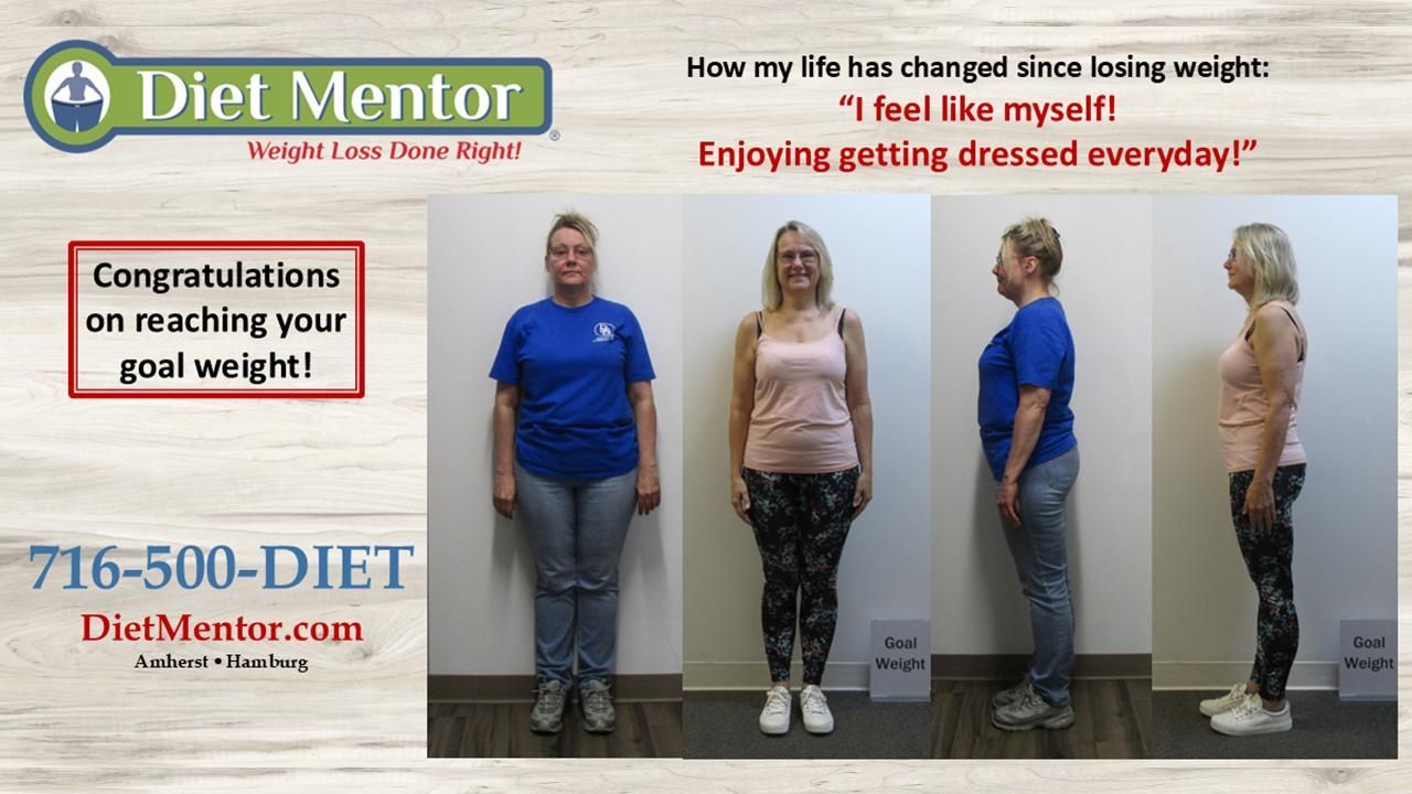 Diet Mentor weight-loss ad showing before-and-after full-body photos and a congratulatory message