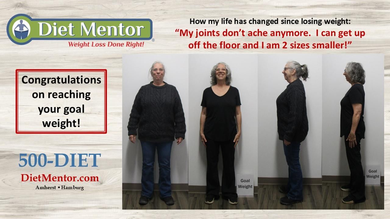 Diet Mentor before-and-after weight-loss collage with four full-body photos and congratulatory text