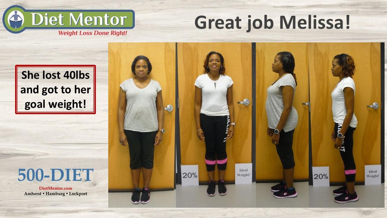 Diet Mentor ad showing Melissa before-and-after weight loss photos with “She lost 40 lbs and got to her goal weight!”