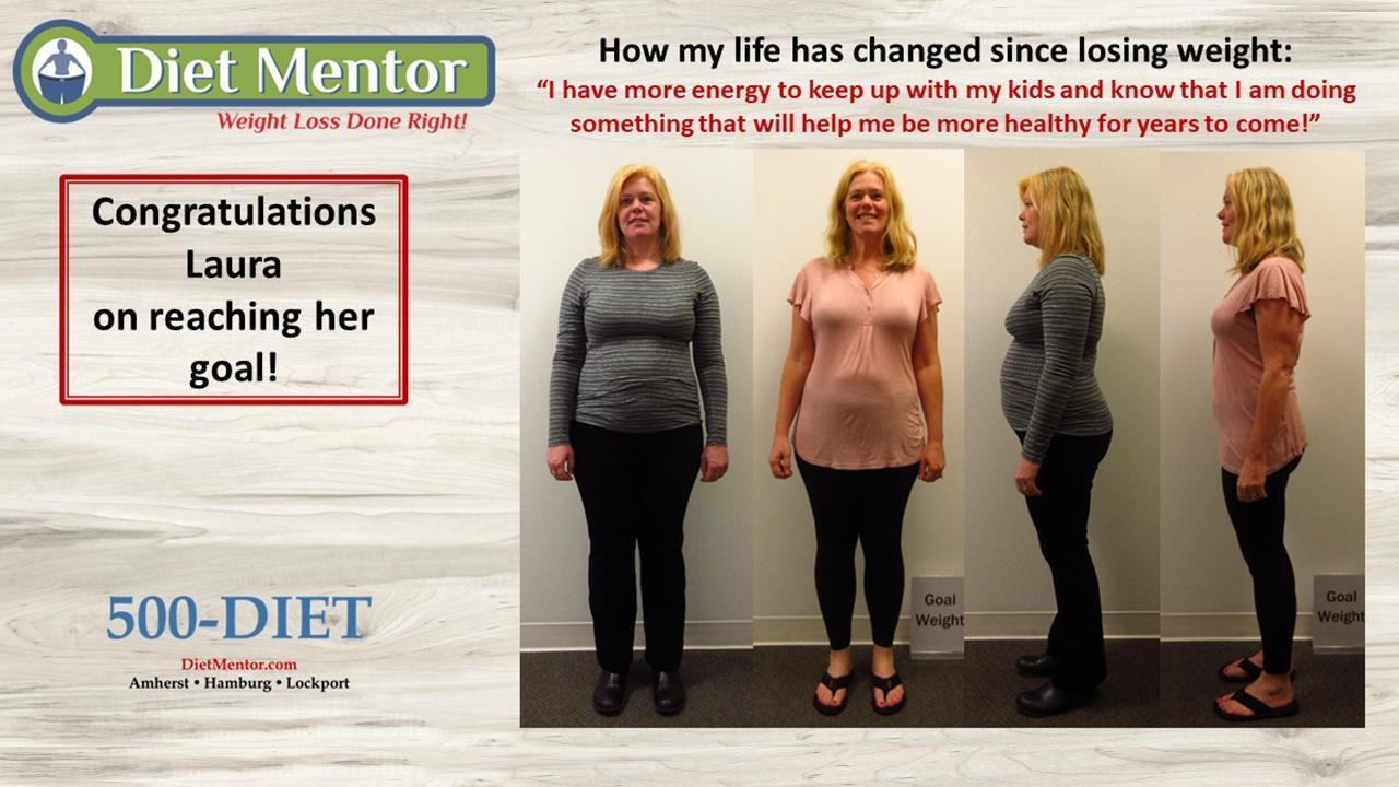 Diet Mentor weight-loss ad showing Laura’s before-and-after photos and “Congratulations Laura on reaching her goal!”