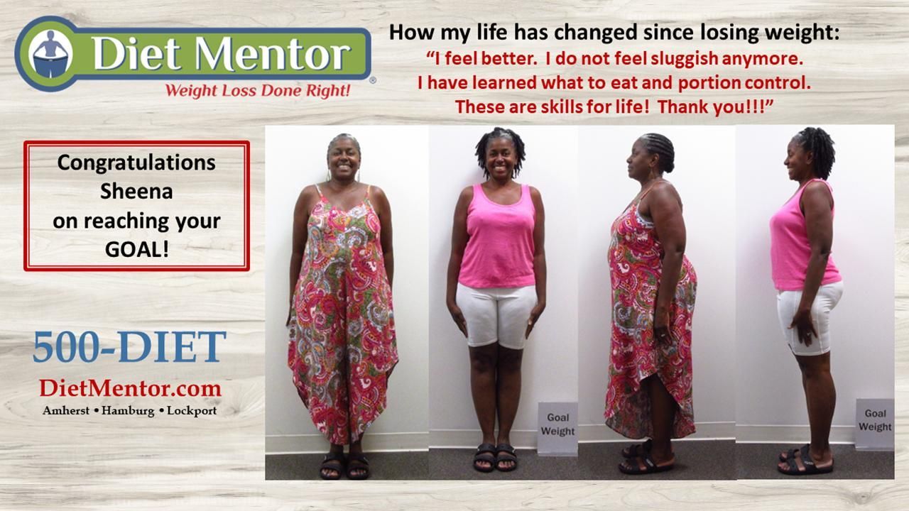 Diet Mentor weight-loss before-and-after collage with three full-body poses and testimonial text
