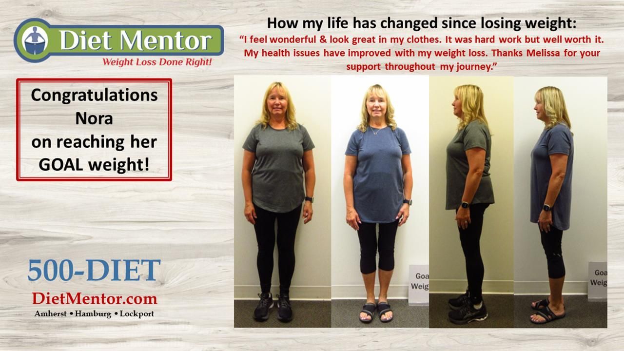 Diet Mentor before-and-after weight loss collage with congratulatory message and website text