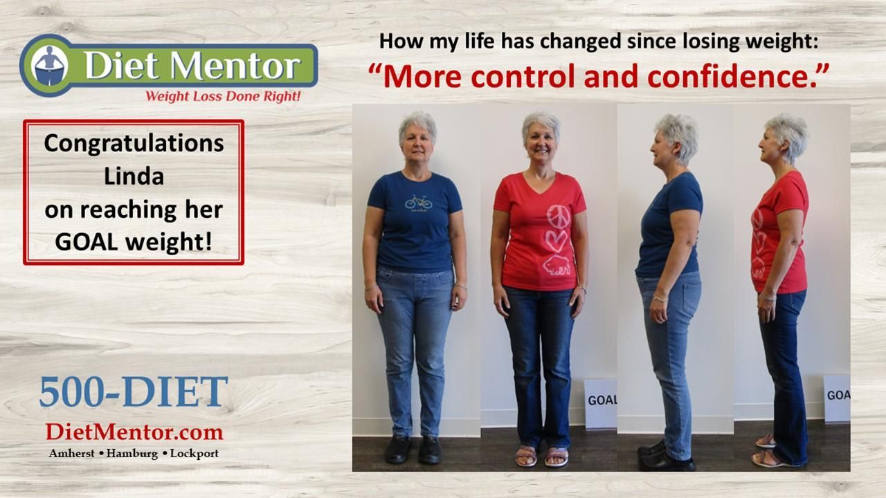 Diet Mentor ad: congratulations, Linda, on reaching her goal weight, with before-and-after photos