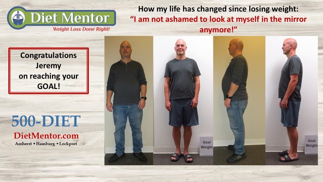 Before-and-after weight loss ad with a man in jeans, showing side and front views of body changes.