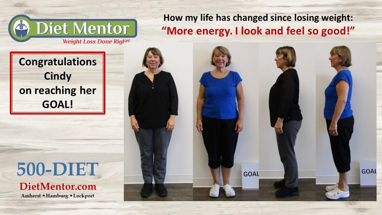 Diet Mentor before-and-after weight loss photo with congratulatory text and four standing poses