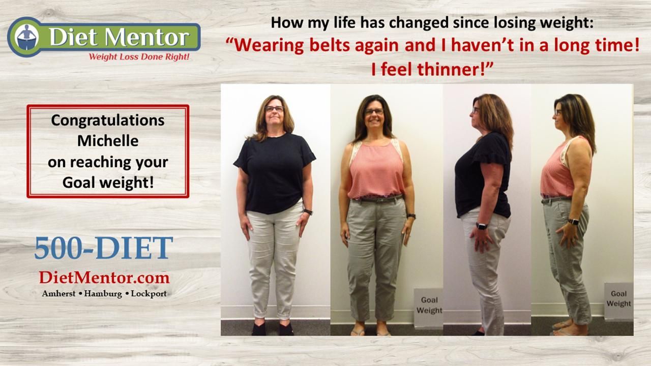 Diet Mentor weight-loss progress collage showing a woman’s before-and-after standing photos with testimonial text.
