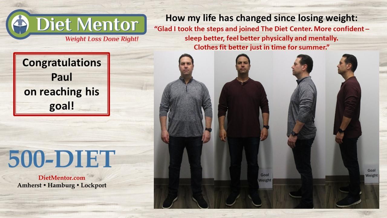Diet Mentor weight-loss ad showing before-and-after photos of a man with congratulatory text and the 500-DIET logo