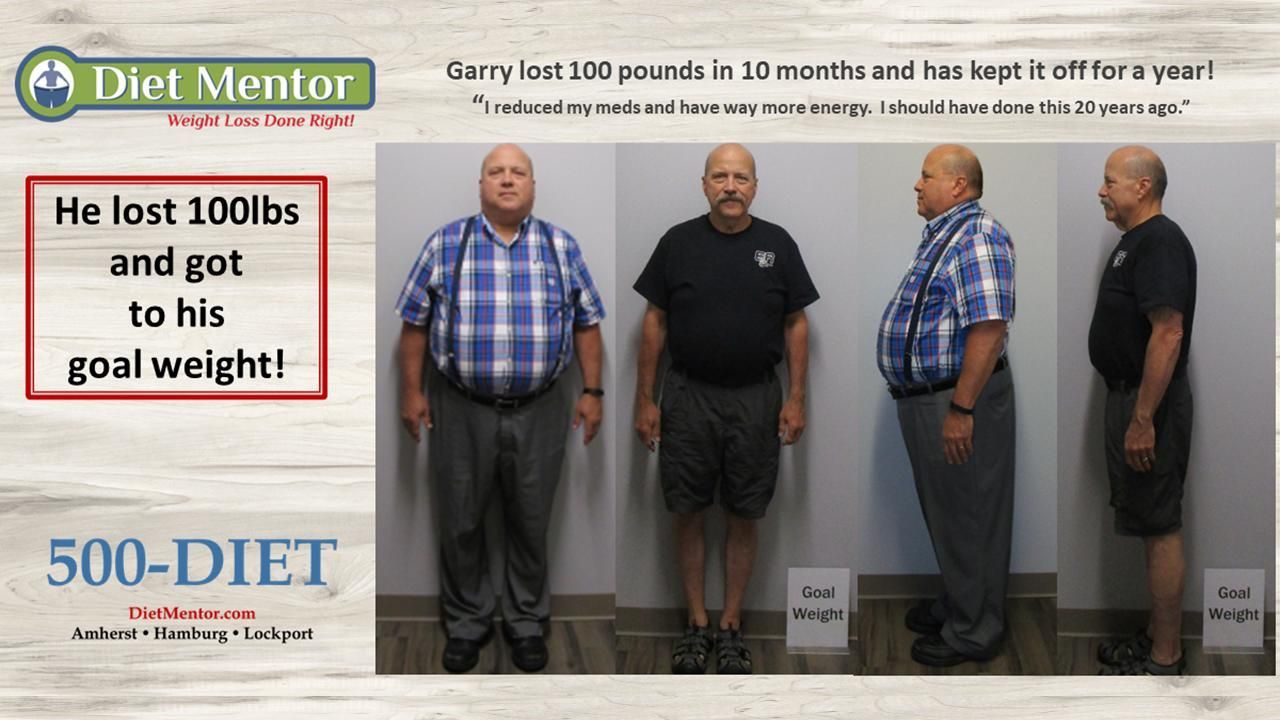 Diet Mentor ad showing before-and-after weight loss photos with the text “He lost 100 lbs and got to his goal weight!”