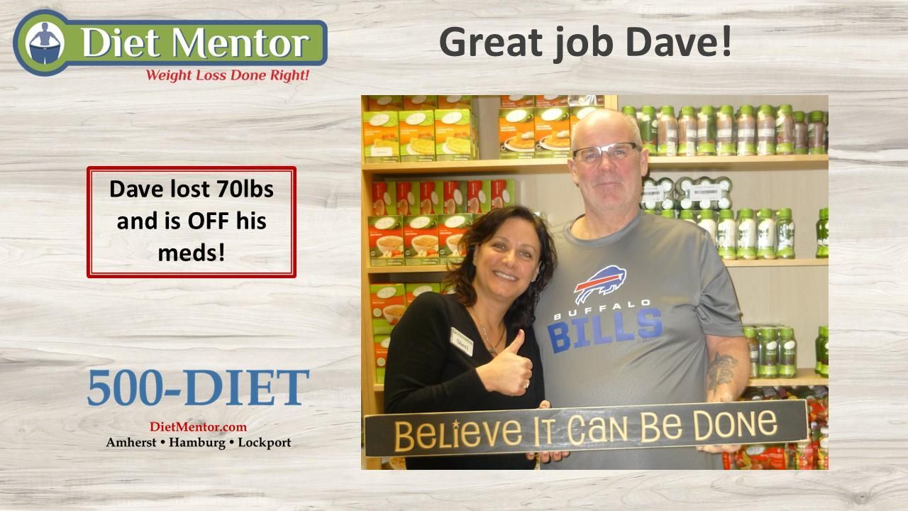 Diet Mentor banner with “Great job Dave!” and a smiling couple in a store, highlighting a 70 lb weight loss.