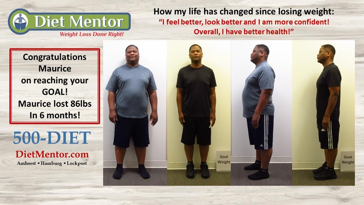 Diet Mentor weight-loss before-and-after collage with progress results and text on social media, exercise, and diet.