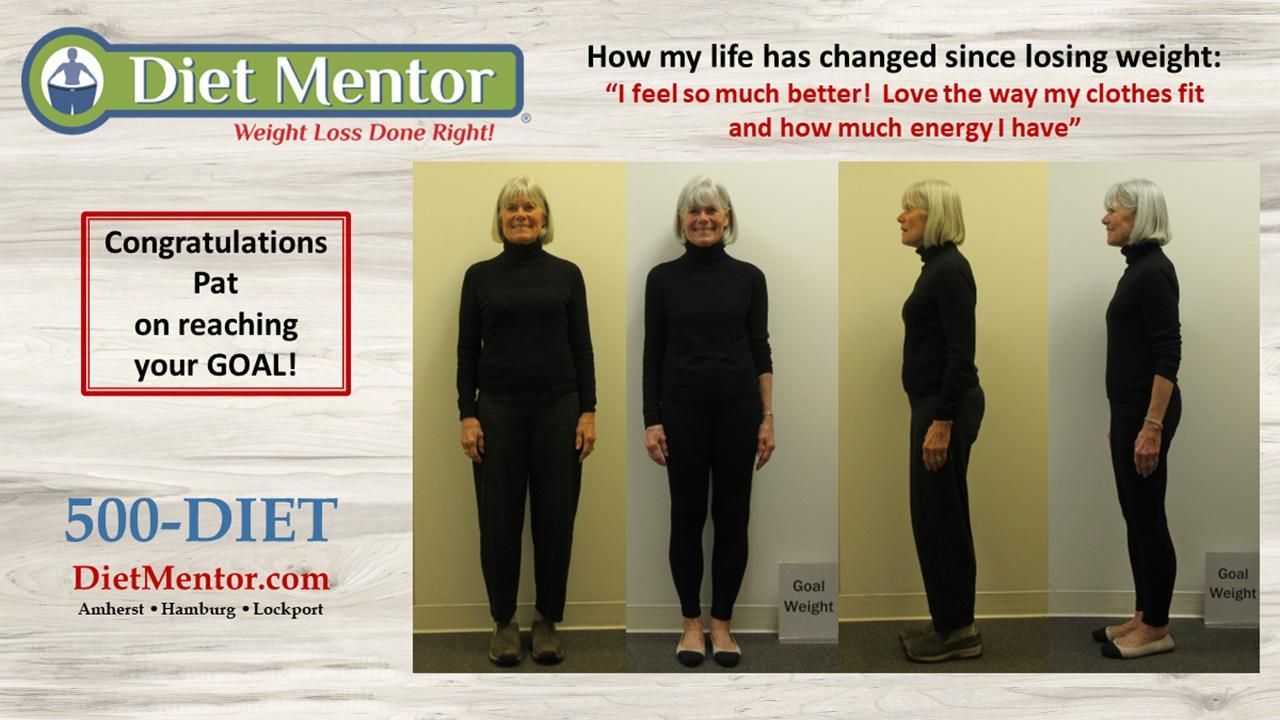 Diet Mentor weight-loss before-and-after collage with congratulatory text and four full-body photos
