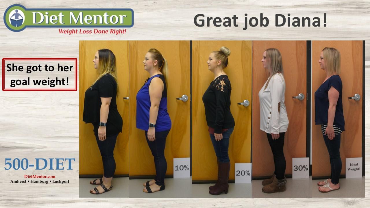 Woman shown in a before-and-after weight-loss collage with “Great job Diana!” text.