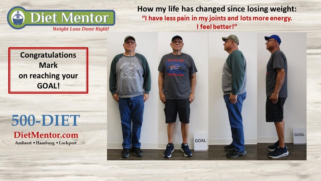 Diet Mentor before-and-after weight loss collage with four male poses and congratulatory text on reaching goal
