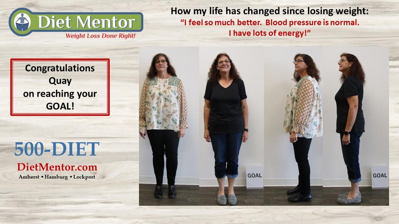 Before-and-after weight loss progress photo with a Diet Mentor congratulatory banner.